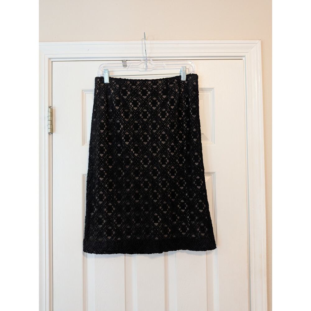 Adrianna Papell Wool Lace Crochet Mini Skirt Black Lined Sheer Overlay Feminine
